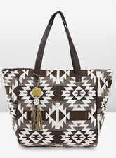 PRIMROSE Ethnic Kilim Tote Bag, Brown and White Geometric Print, Tassel Accent